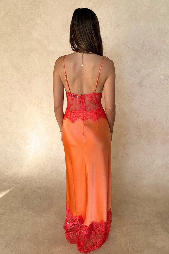 Seraphina Deep V Sheer Lace Patchwork Maxi Dress