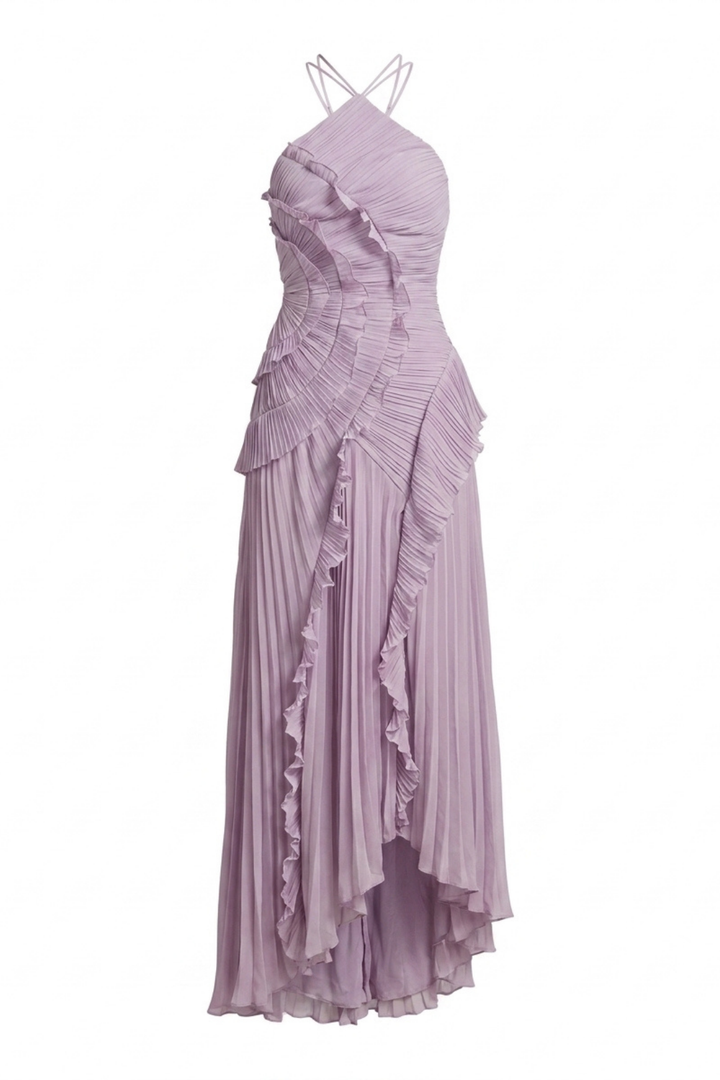 Lorelie Pleated Ruffle Halter Gown