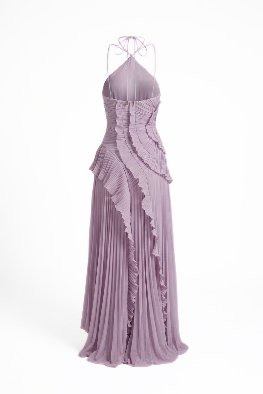 Lorelie Pleated Ruffle Halter Gown