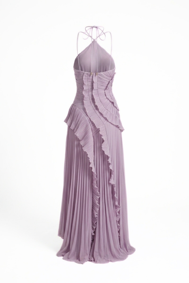 Lorelie Pleated Ruffle Halter Gown