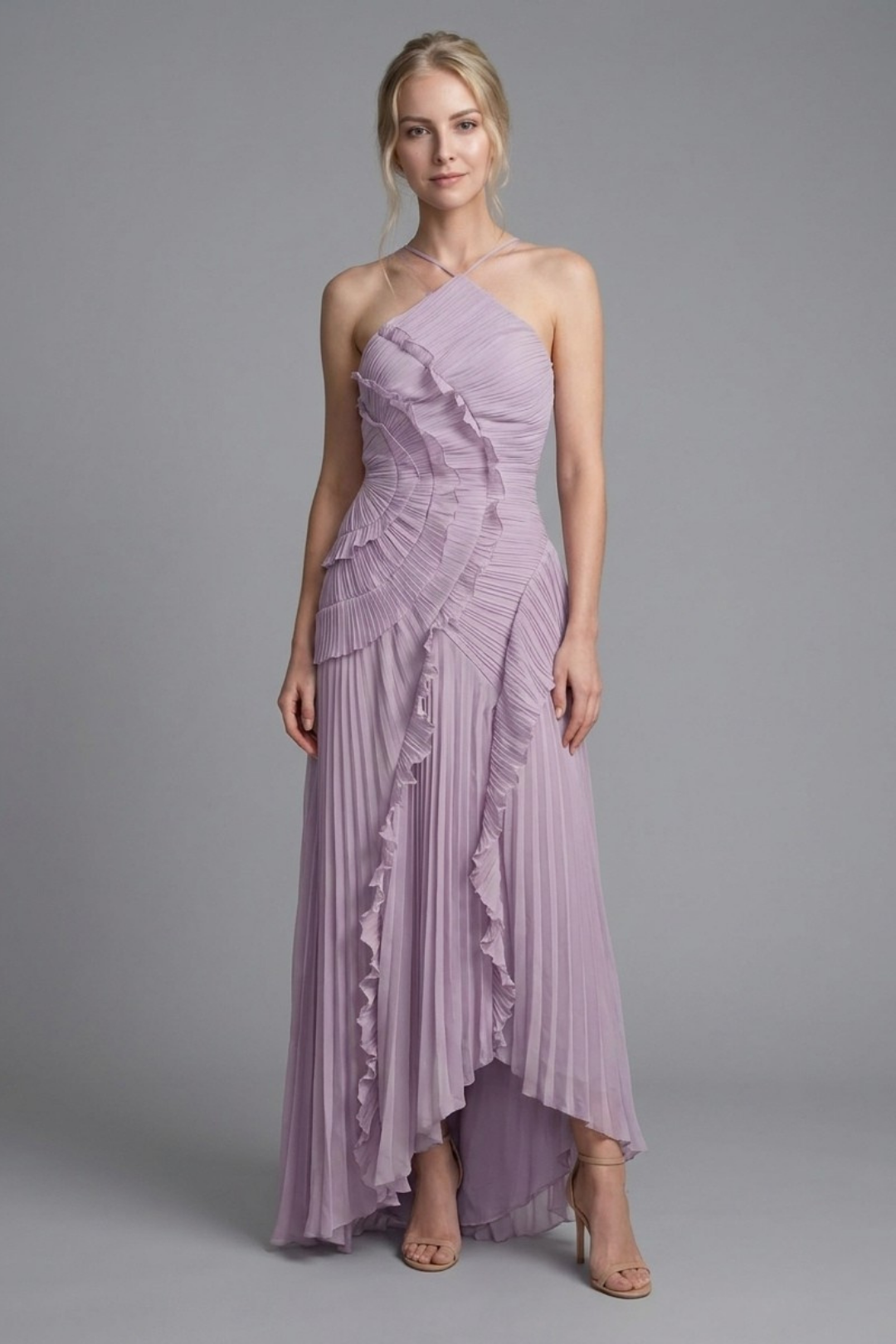 Lorelie Pleated Ruffle Halter Gown