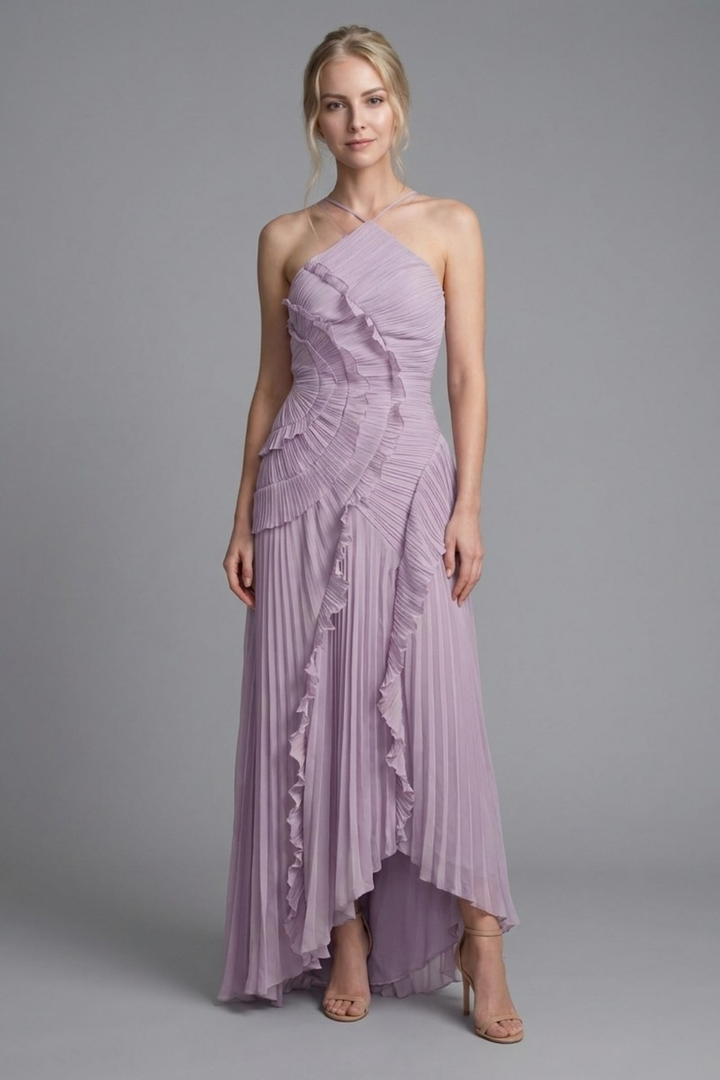 Lorelie Pleated Ruffle Halter Gown