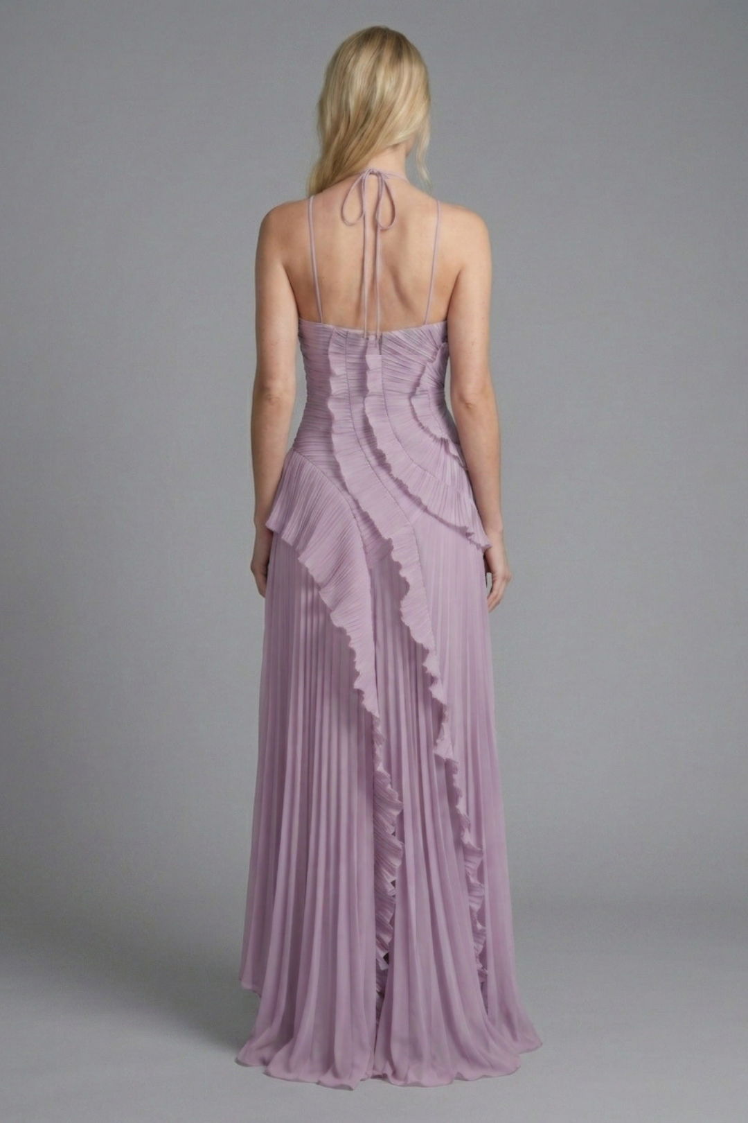 Lorelie Pleated Ruffle Halter Gown