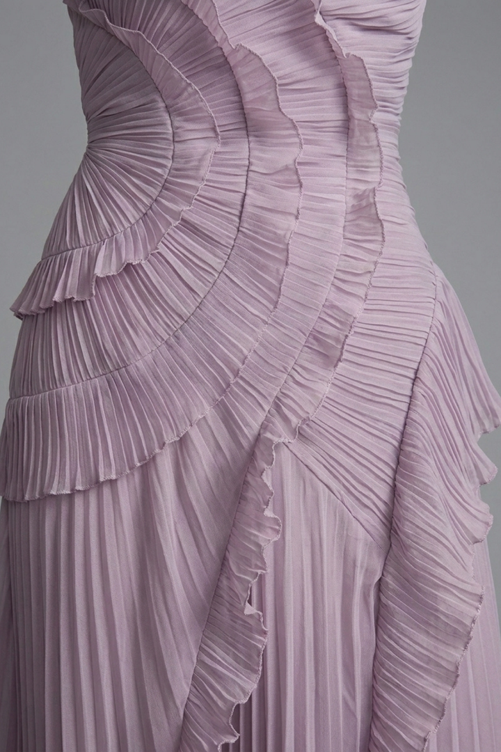Lorelie Pleated Ruffle Halter Gown