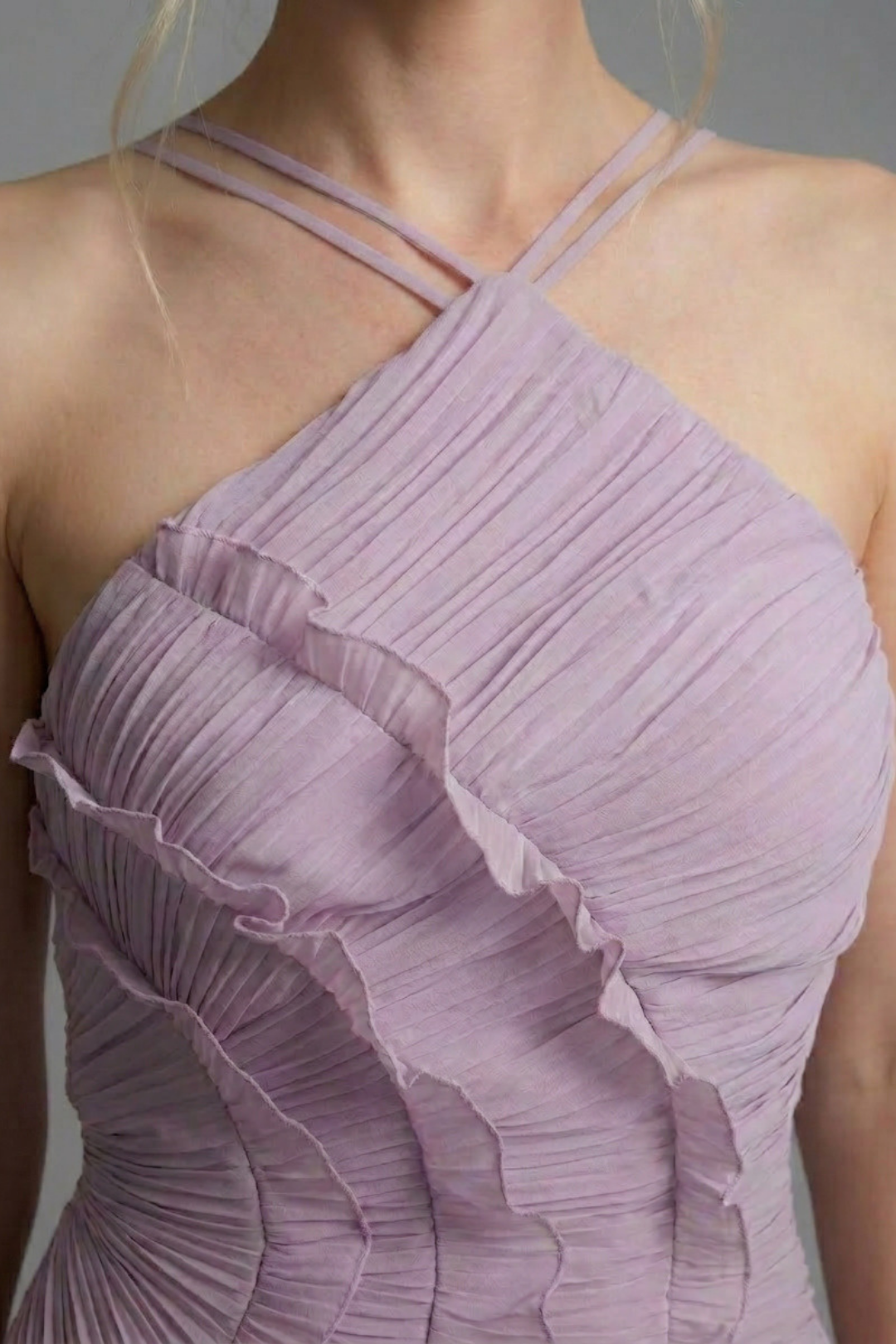 Lorelie Pleated Ruffle Halter Gown