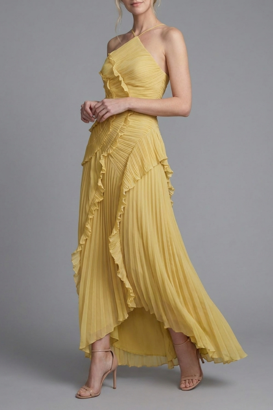 Lorelie Pleated Ruffle Halter Gown
