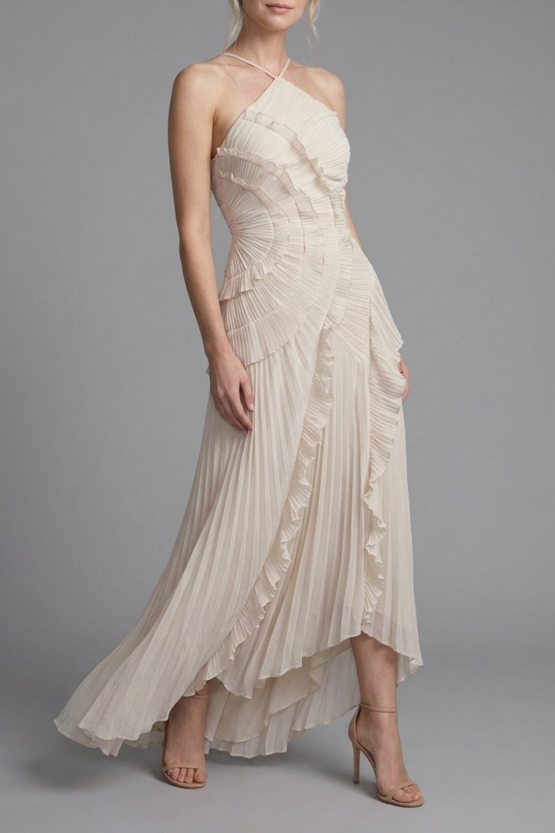 Lorelie Pleated Ruffle Halter Gown