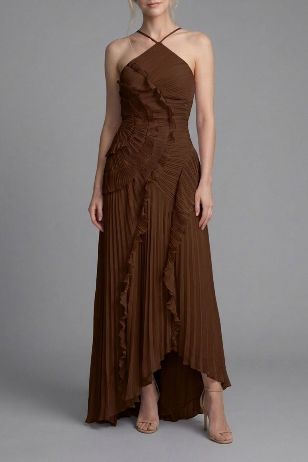 Lorelie Pleated Ruffle Halter Gown