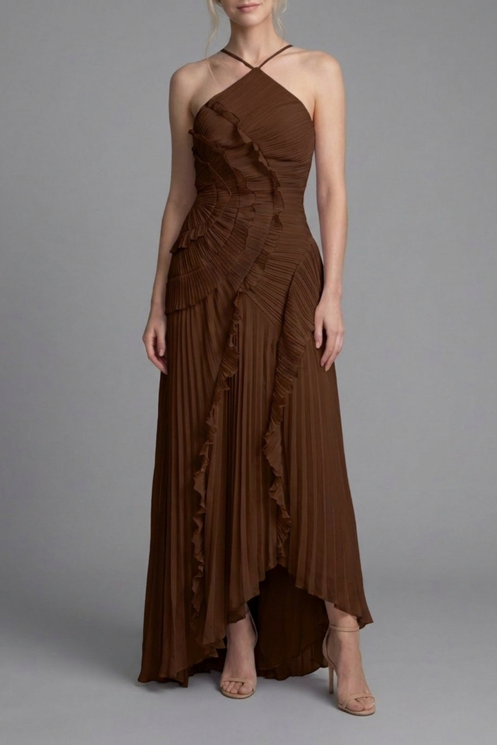 Lorelie Pleated Ruffle Halter Gown