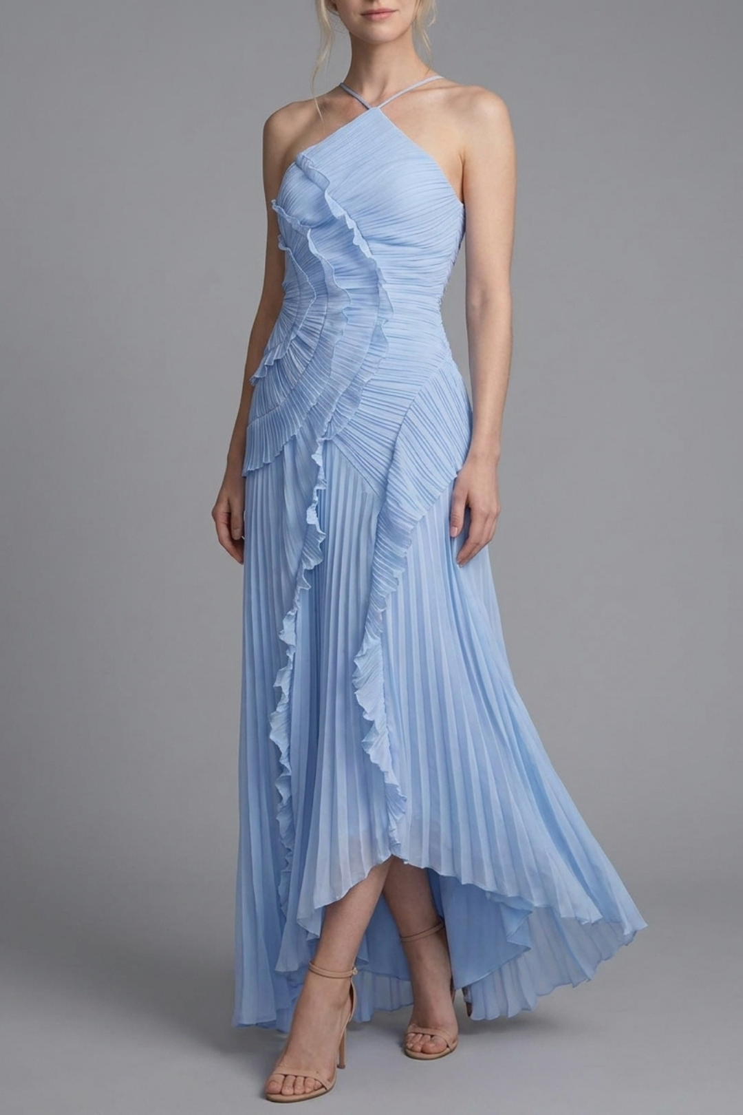 Lorelie Pleated Ruffle Halter Gown