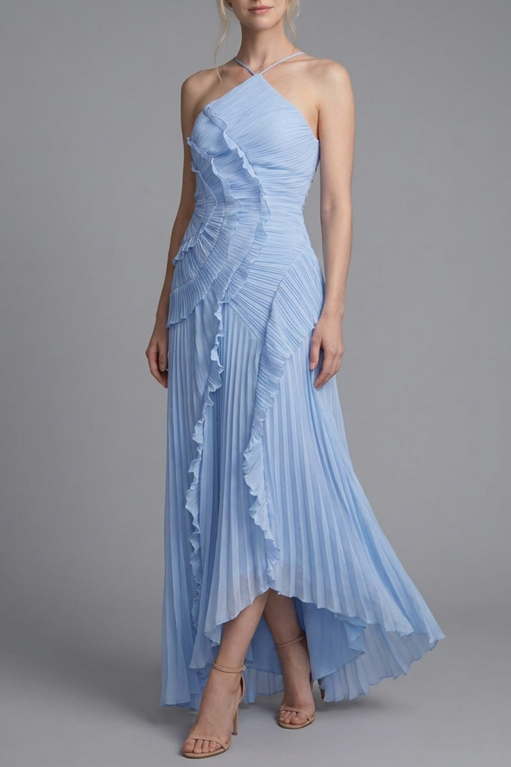 Lorelie Pleated Ruffle Halter Gown
