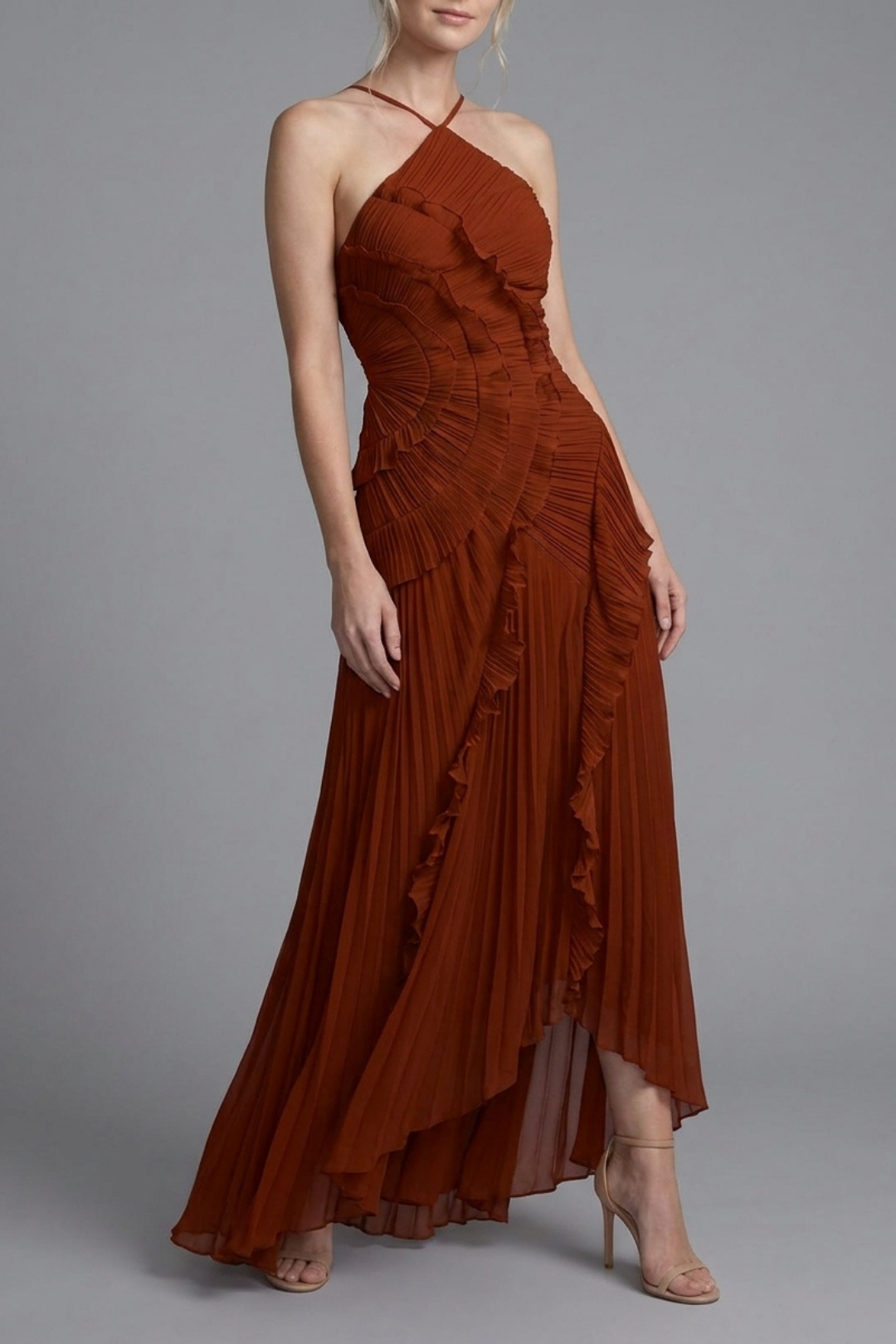 Lorelie Pleated Ruffle Halter Gown