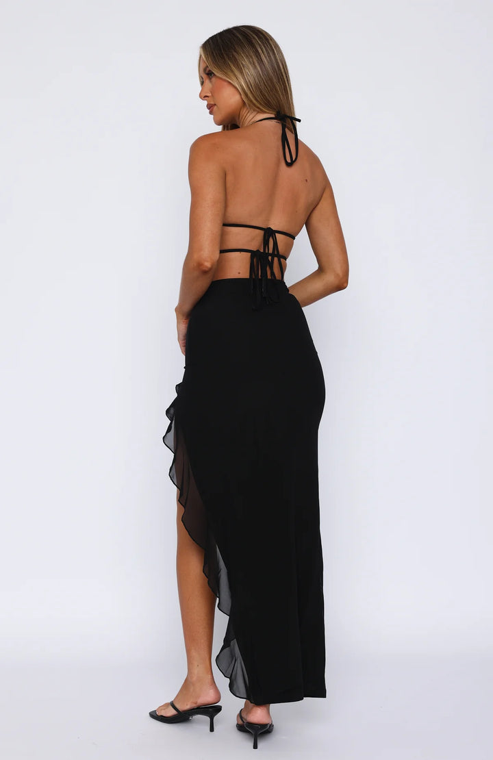 Valentina Plunge Ruffle Thigh Slit Maxi Dress