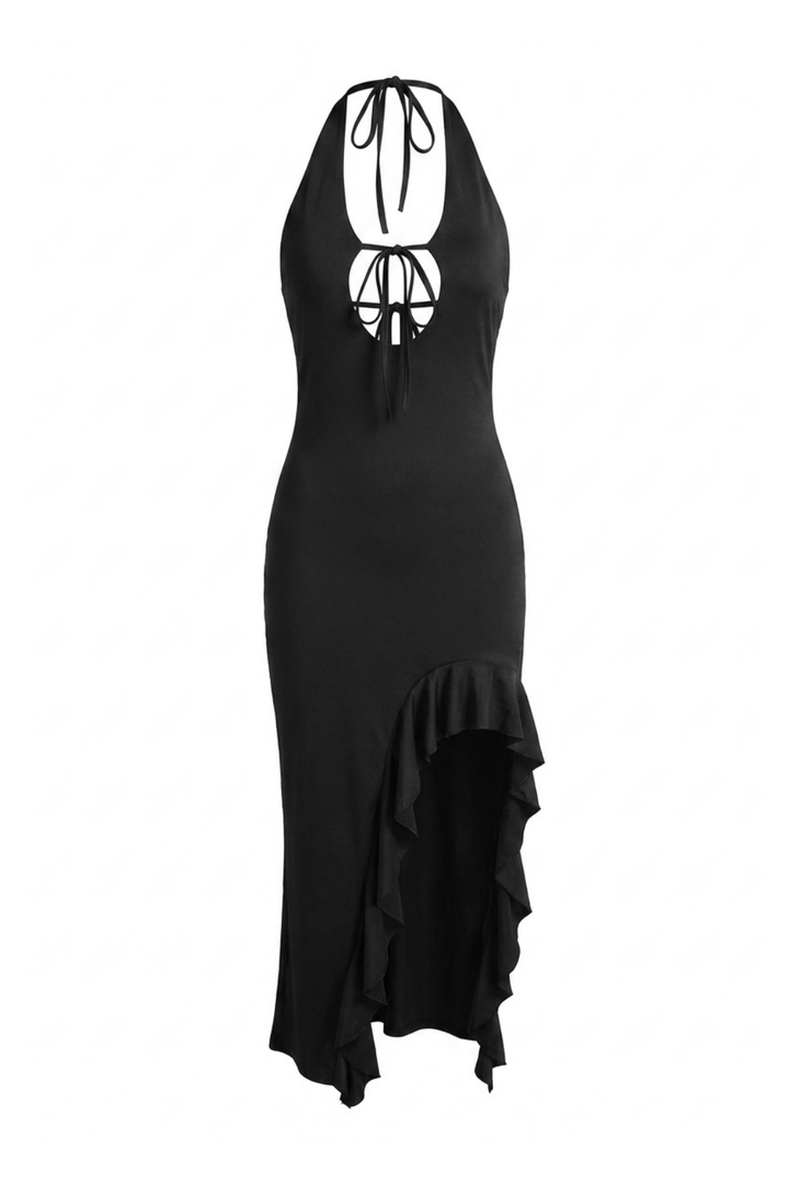 Valentina Plunge Ruffle Thigh Slit Maxi Dress