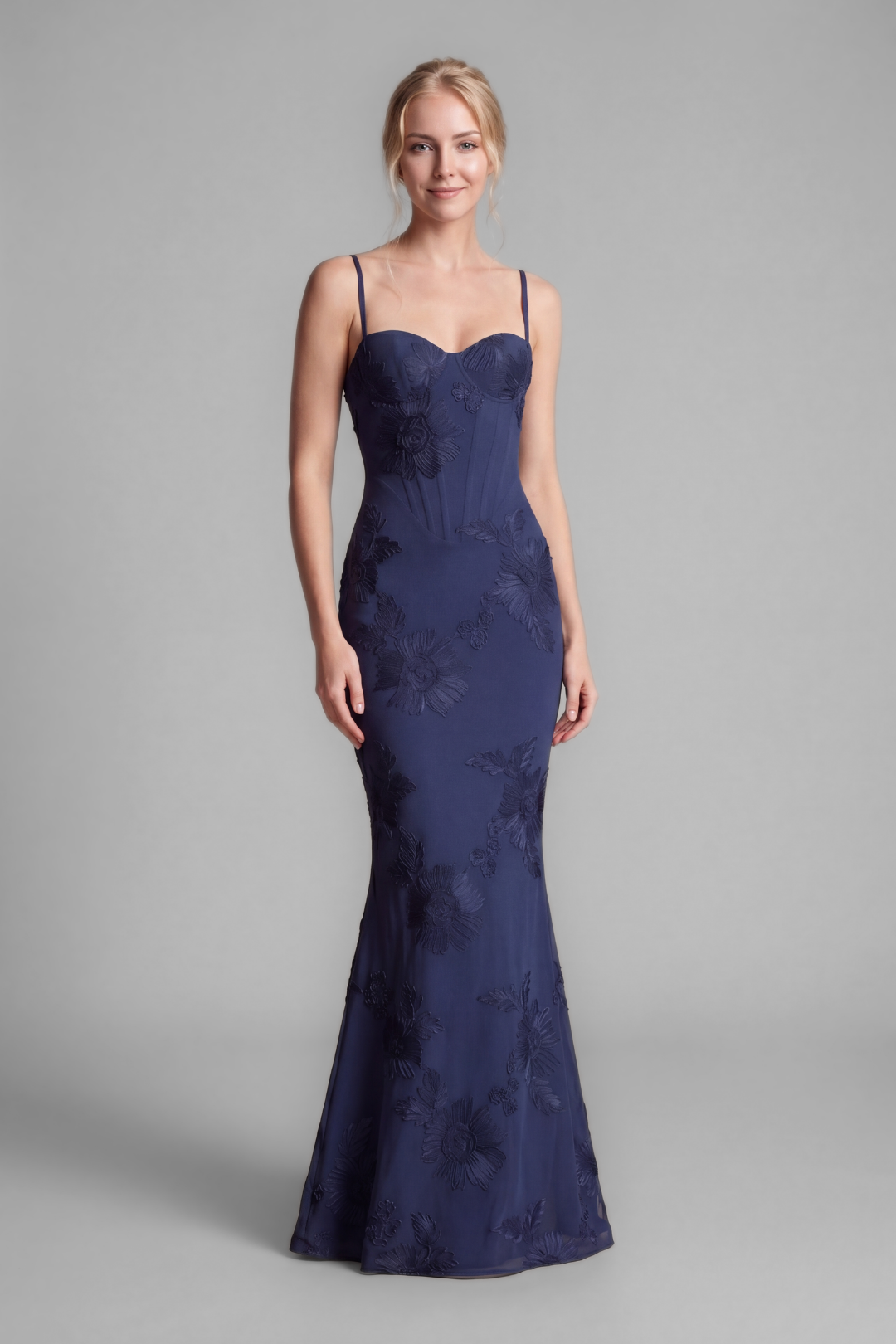 Solenne Floral Embroidered Sheath Gown