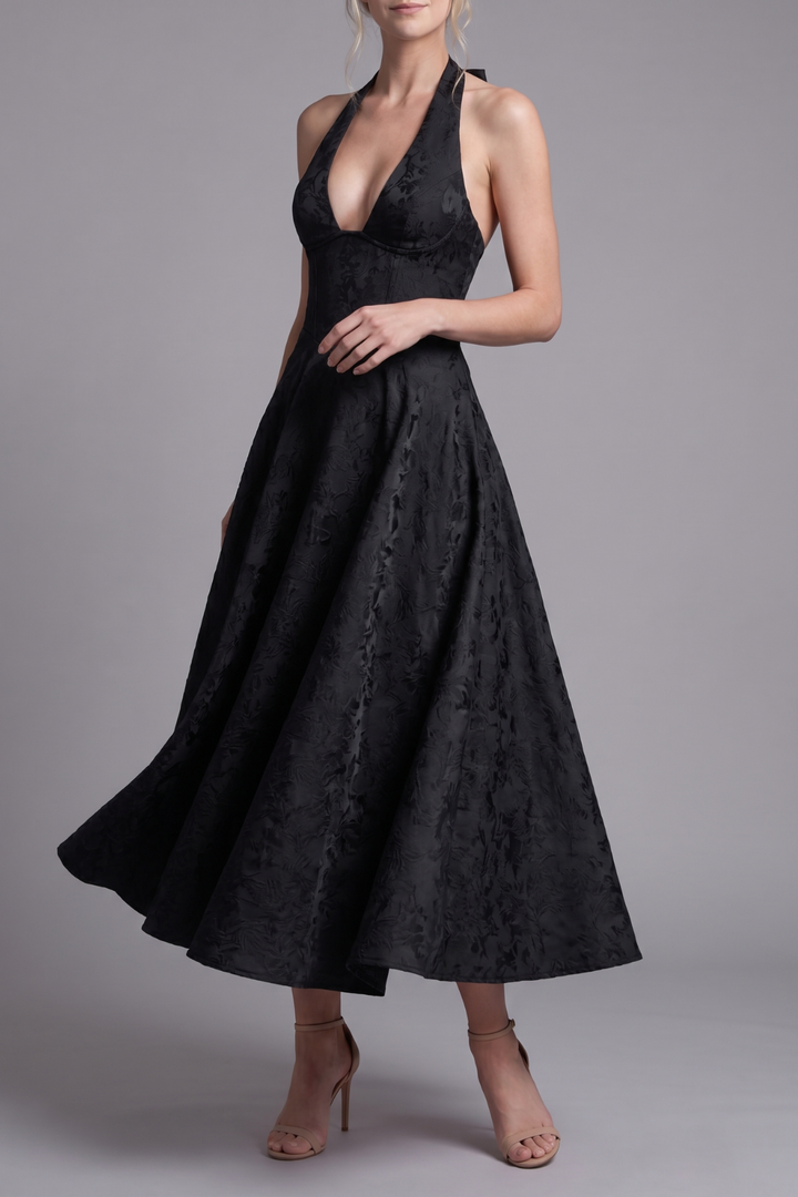 Jenn Floral Jacquard Halter Midi Dress