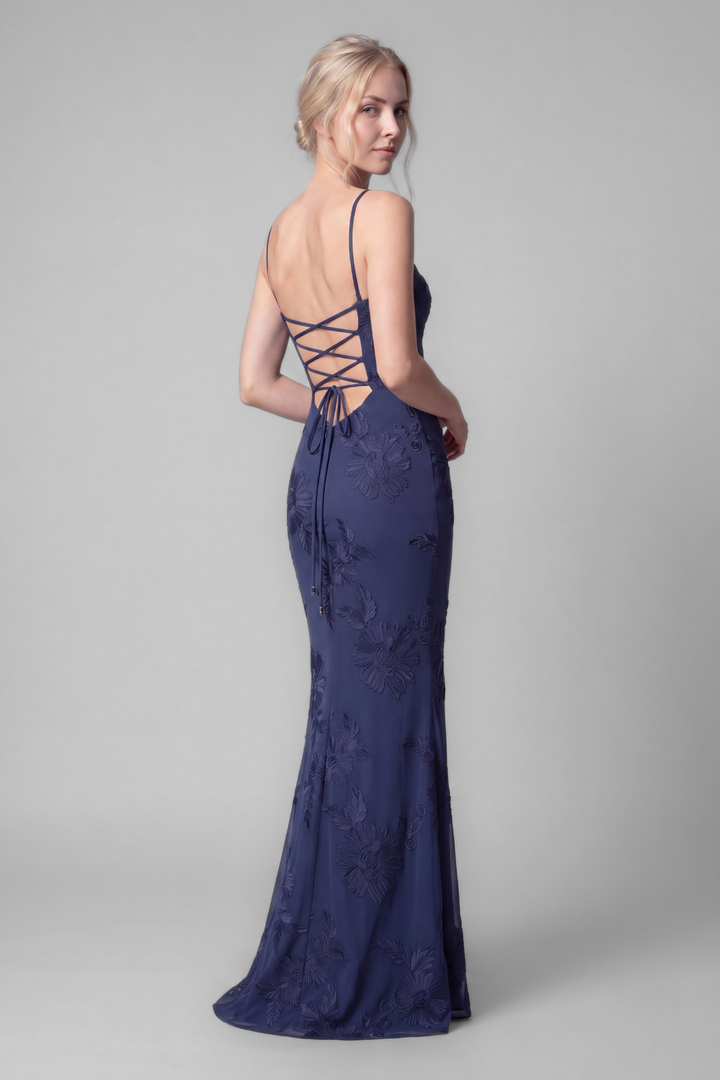 Solenne Floral Embroidered Sheath Gown
