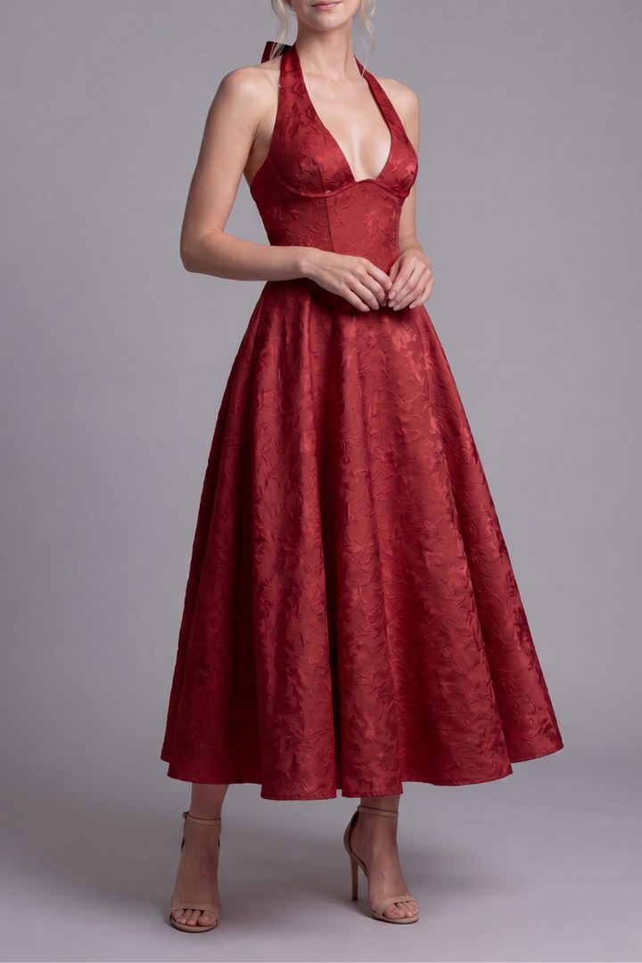 Jenn Floral Jacquard Halter Midi Dress