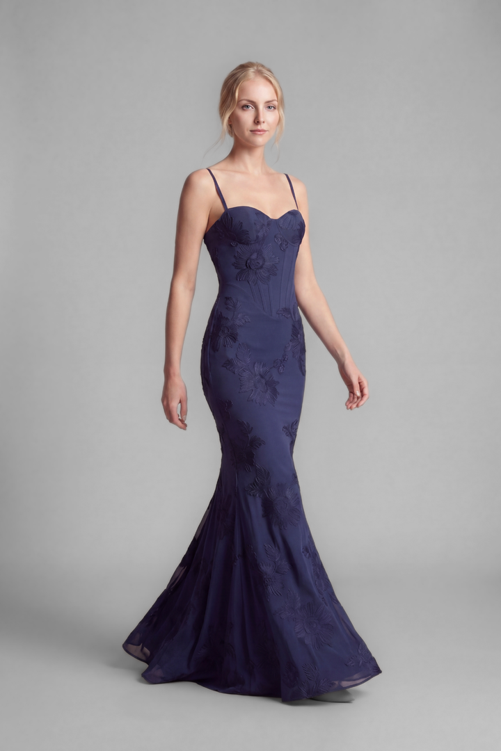 Solenne Floral Embroidered Sheath Gown