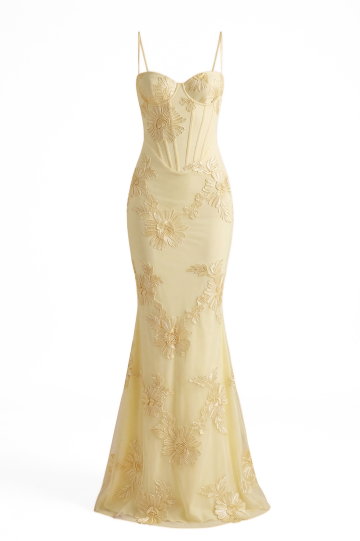 Solenne Floral Embroidered Sheath Gown