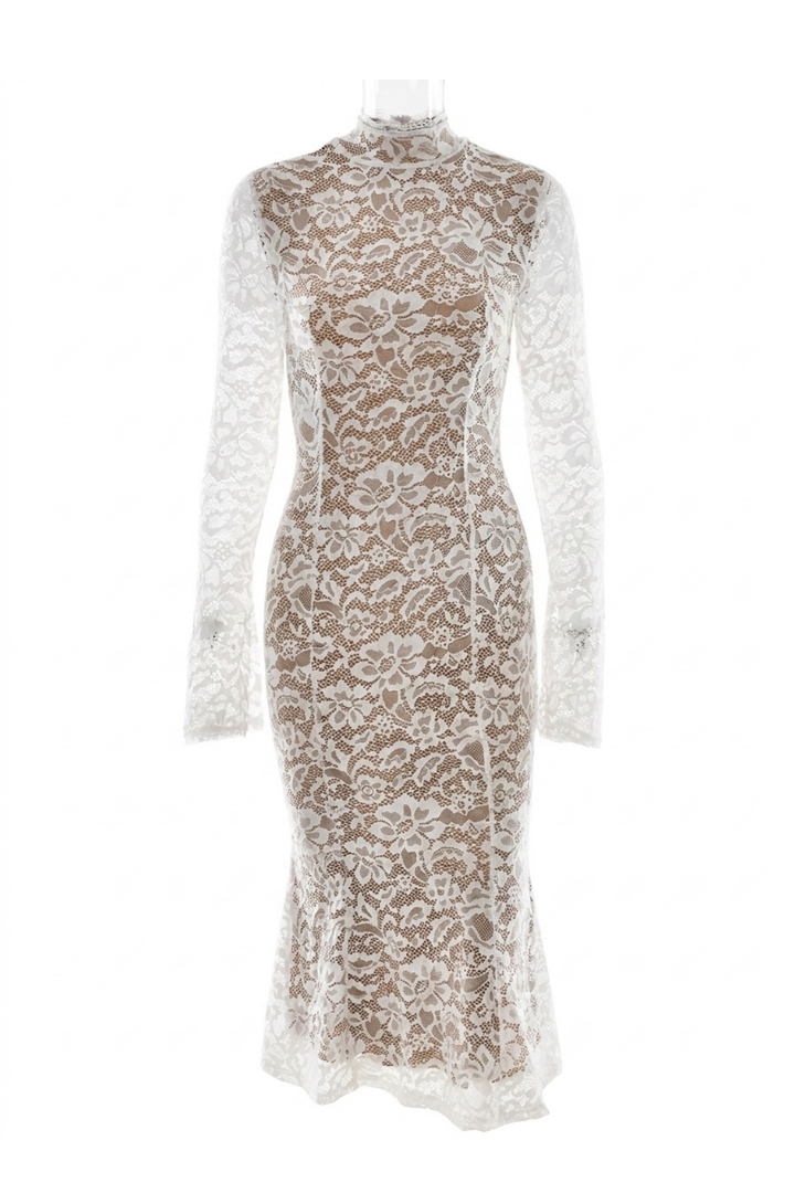 Vivienne Fitted Lace High Neck Midi Dress