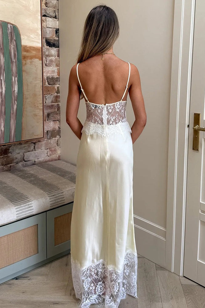 Seraphina Deep V Sheer Lace Patchwork Maxi Dress