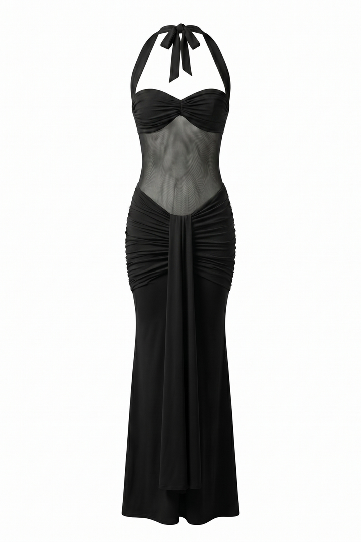 Bella Ruched Halter Maxi Gown