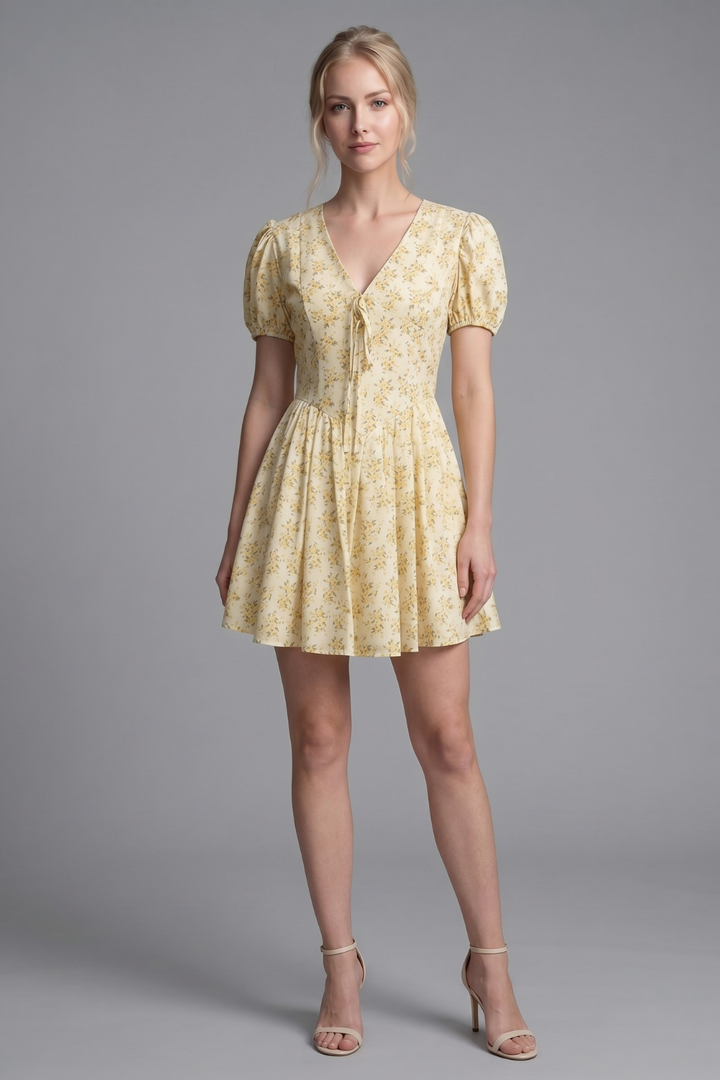 Tricia Floral Pleated V Neck Mini Dress