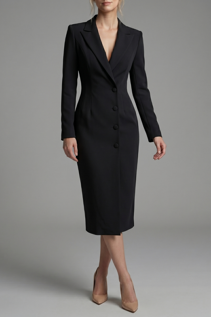 Daphne Lapel Long Sleeve Midi Dress