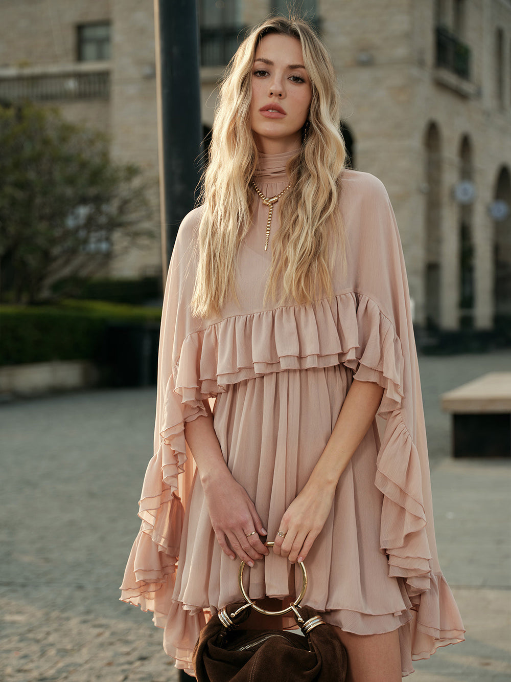 Celeste Chiffon Ruffle Mini Dress with Cape
