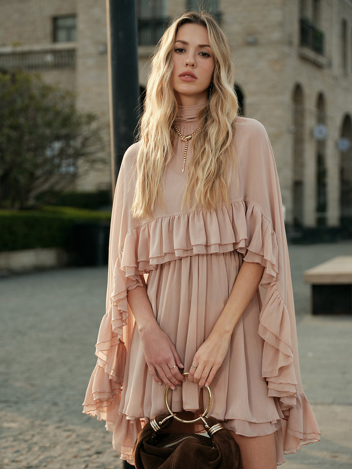 Celeste Chiffon Ruffle Mini Dress with Cape