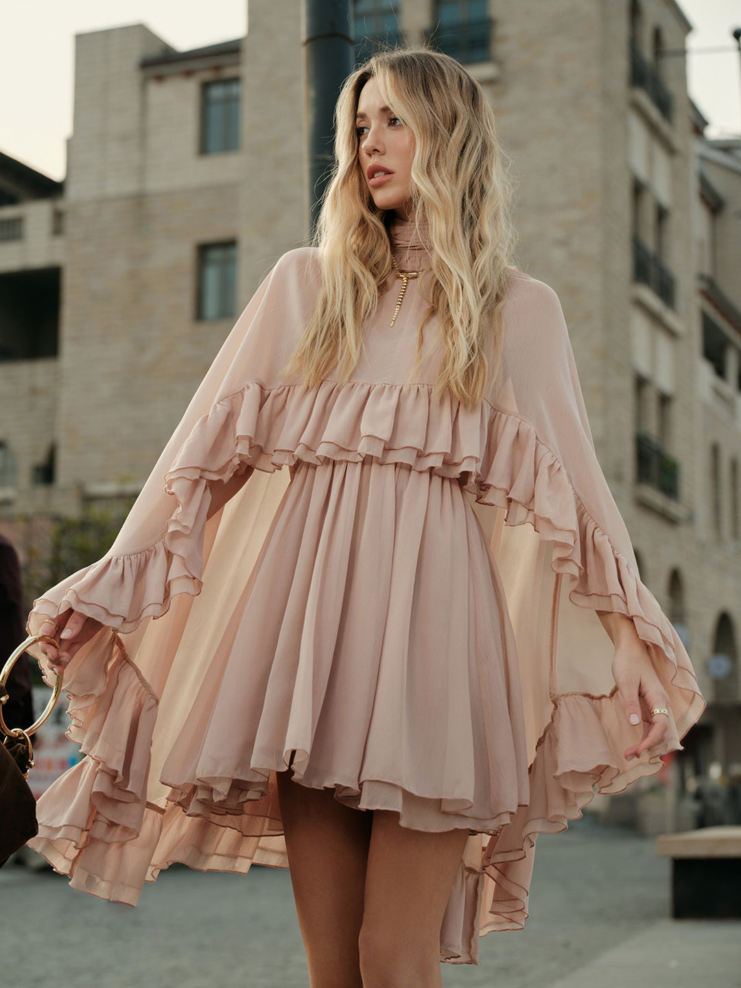 Celeste Chiffon Ruffle Mini Dress with Cape