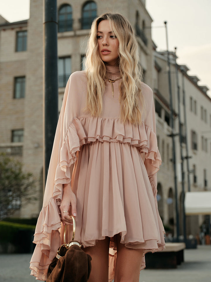 Celeste Chiffon Ruffle Mini Dress with Cape