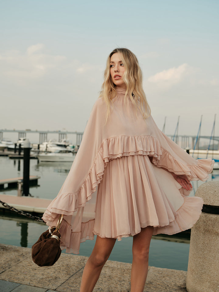 Celeste Chiffon Ruffle Mini Dress with Cape