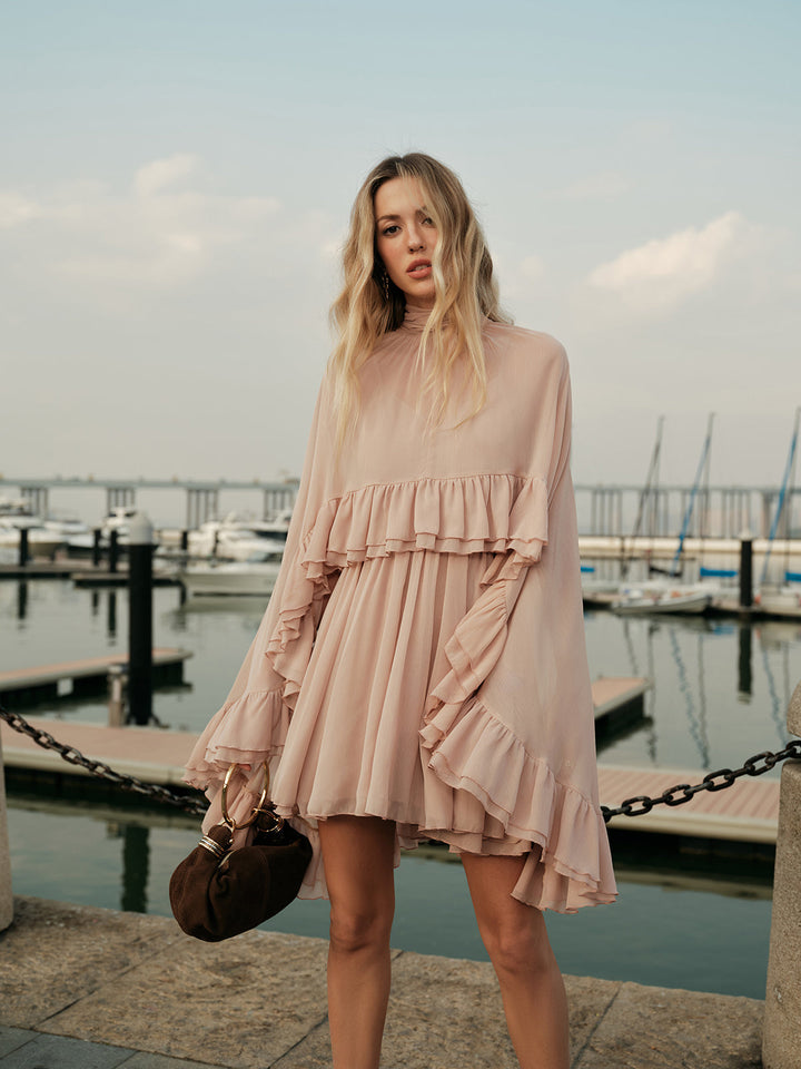 Celeste Chiffon Ruffle Mini Dress with Cape