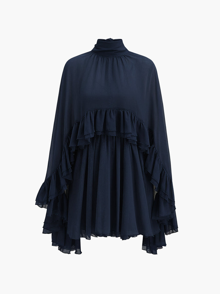 Celeste Chiffon Ruffle Mini Dress with Cape