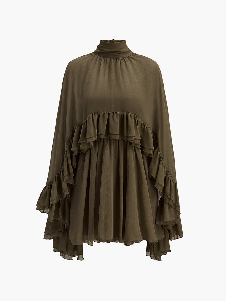 Celeste Chiffon Ruffle Mini Dress with Cape