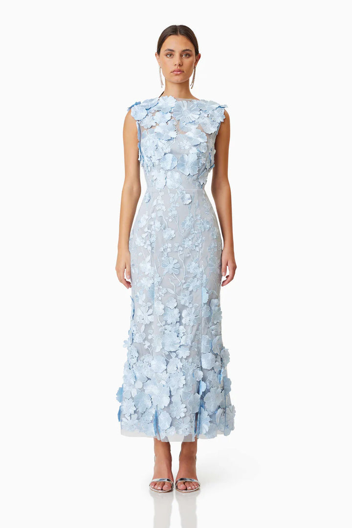 Morielle Floral Applique Fitted Midi Dress