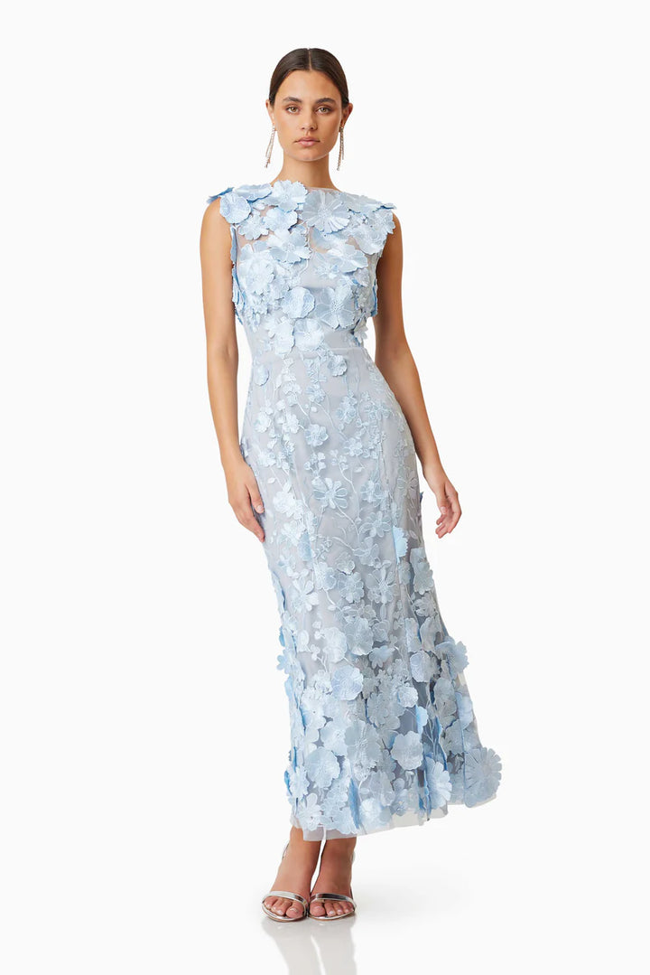 Morielle Floral Applique Fitted Midi Dress