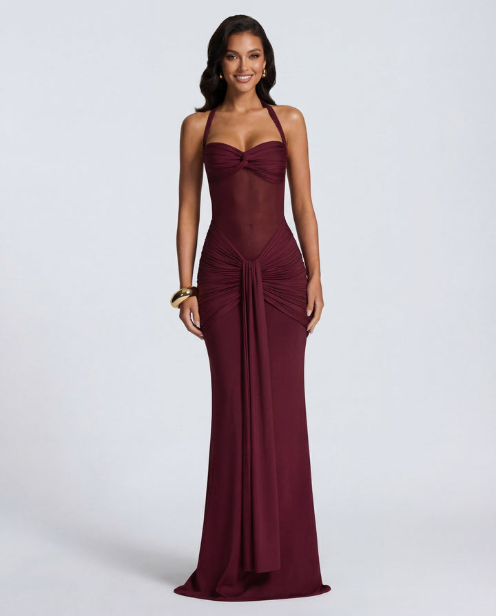Bella Ruched Halter Maxi Gown