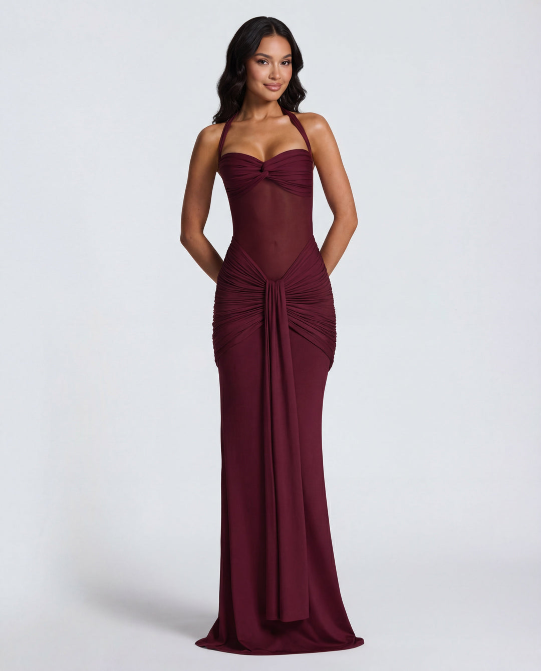 Bella Ruched Halter Maxi Gown