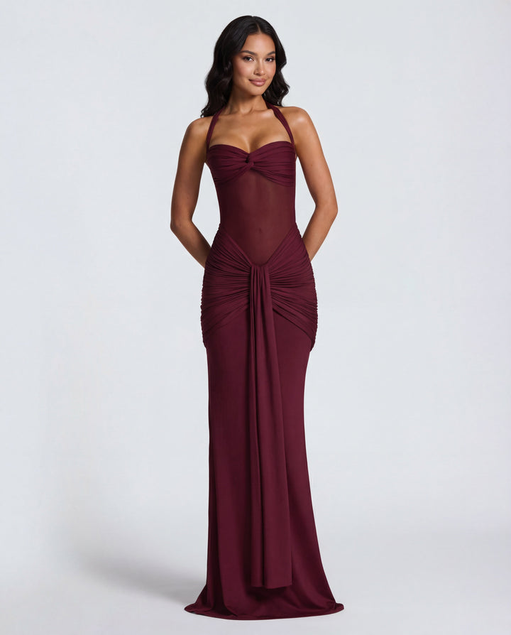 Bella Ruched Halter Maxi Gown