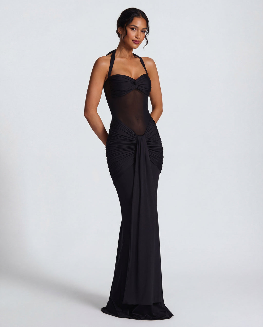 Bella Ruched Halter Maxi Gown