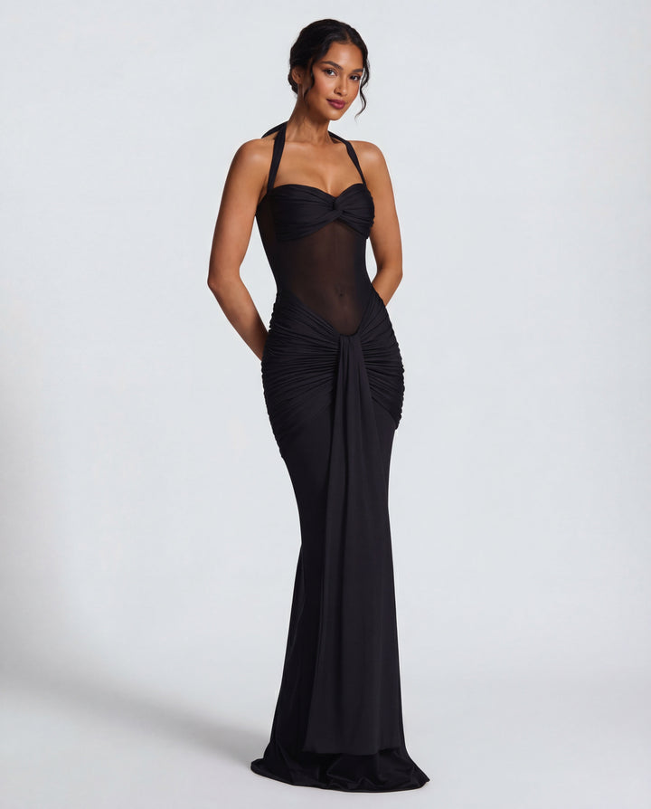 Bella Ruched Halter Maxi Gown