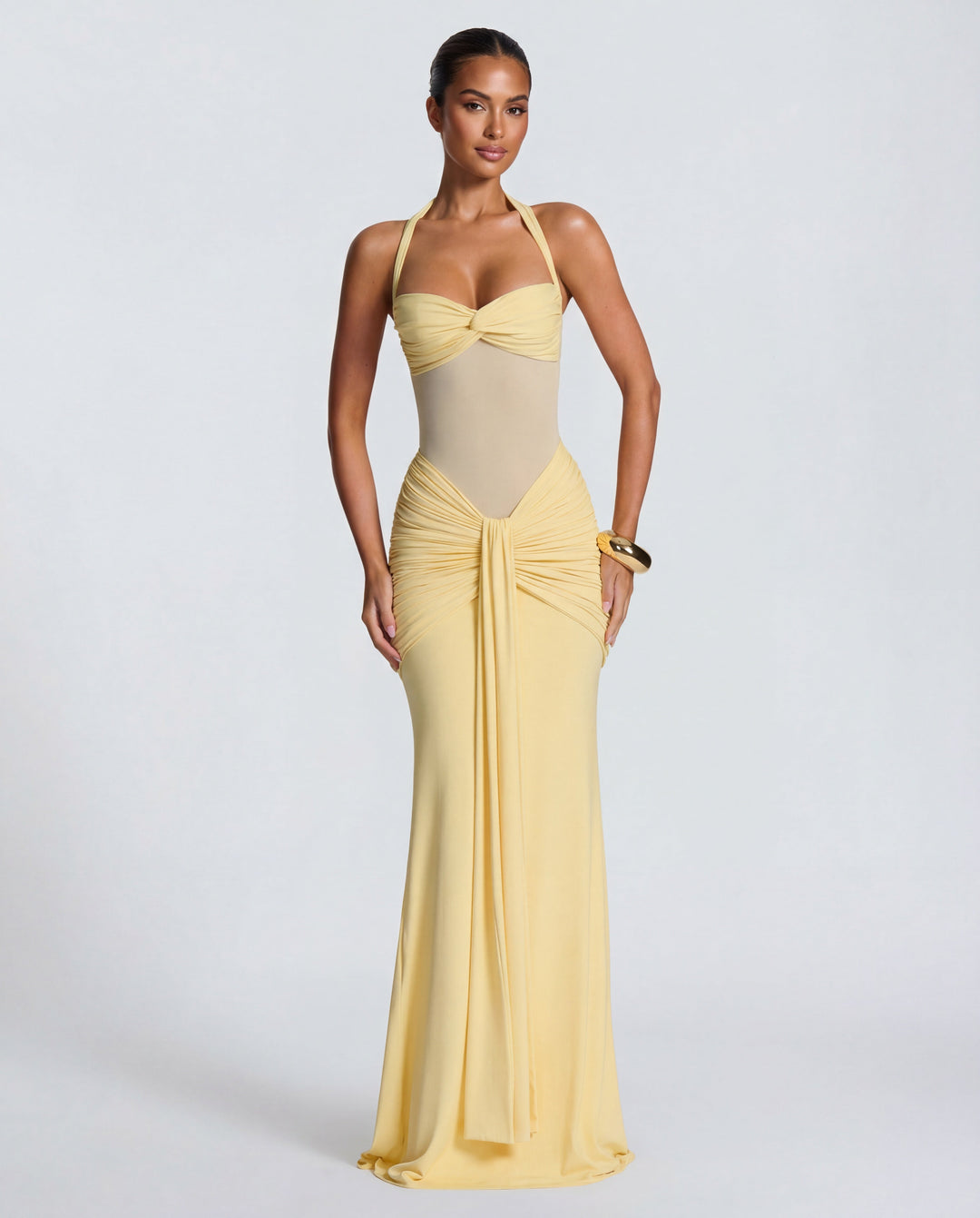 Bella Ruched Halter Maxi Gown
