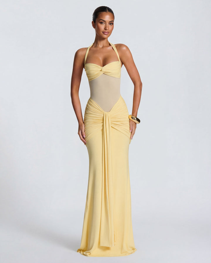 Bella Ruched Halter Maxi Gown