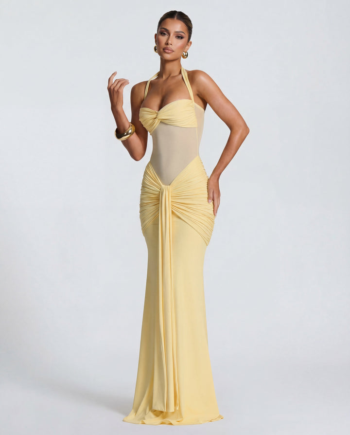 Bella Ruched Halter Maxi Gown