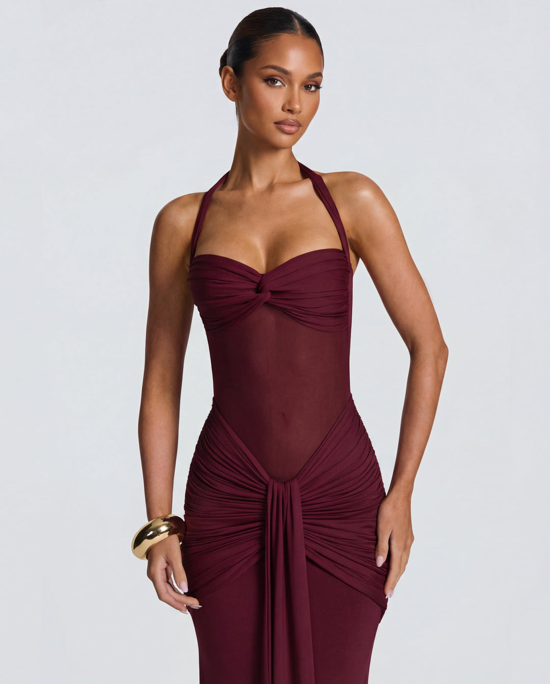Bella Ruched Halter Maxi Gown