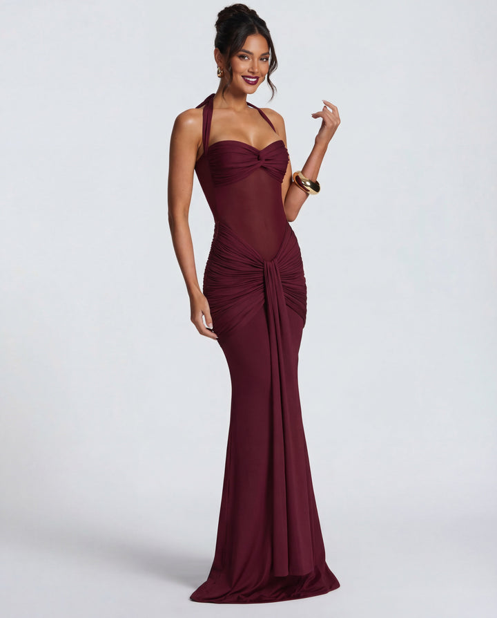 Bella Ruched Halter Maxi Gown