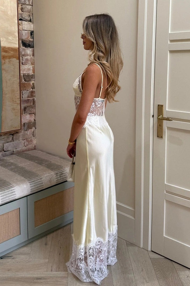 Seraphina Deep V Sheer Lace Patchwork Maxi Dress